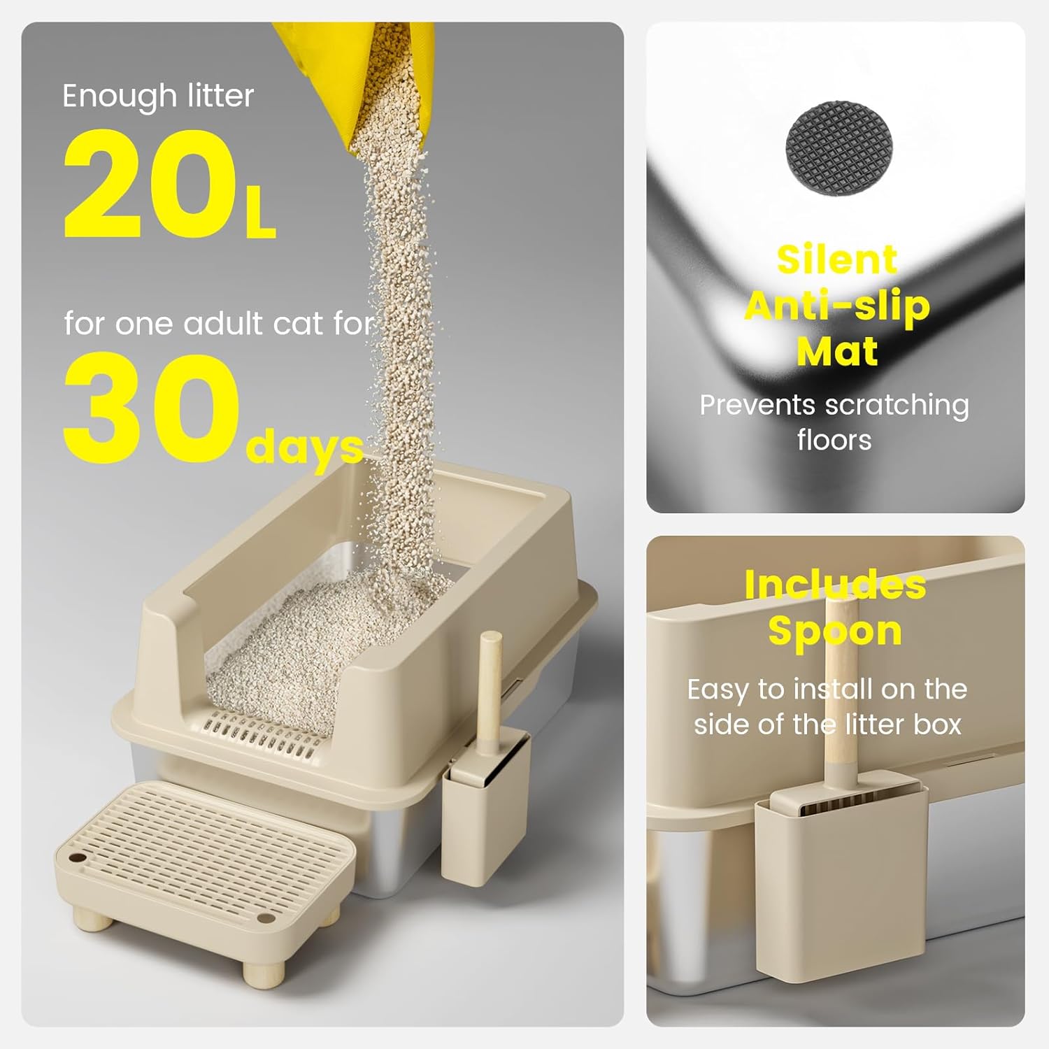 VNAKIO. Caja de arena de acero inoxidable para gatos, caja de arena cerrada XL de metal con tapa para gatos grandes, lado alto, antifugas, fácil limpieza, antiadherente, cuchara y pasillo incluidos. - Image 2