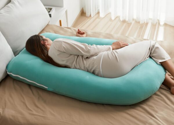 Momcozy. Almohadas de embarazo en forma de U con funda extraíble de algodón, almohada de cuerpo completo de 57 pulgadas, soporte de maternidad, imprescindible para mujeres embarazadas, azul Tiffany. - Image 3