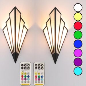 jengush. Juego de dos lámparas de pared de estilo moderno, apliques de pared a pilas con control remoto, accesorio de iluminación Art Deco inalámbrico para sala de estar, 6 colores RGB regulables.