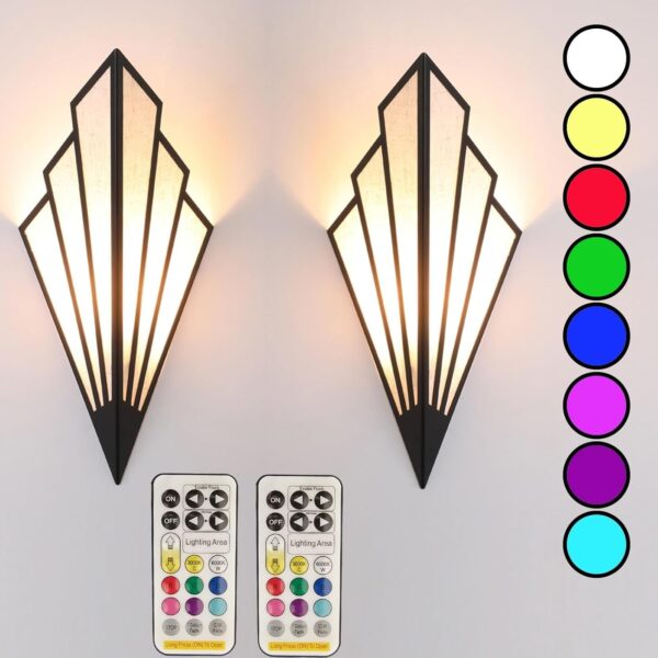 Juego de dos lámparas de pared de estilo moderno, apliques de pared a pilas con control remoto, accesorio de iluminación Art Deco inalámbrico para sala de estar, 6 colores RGB regulables.
