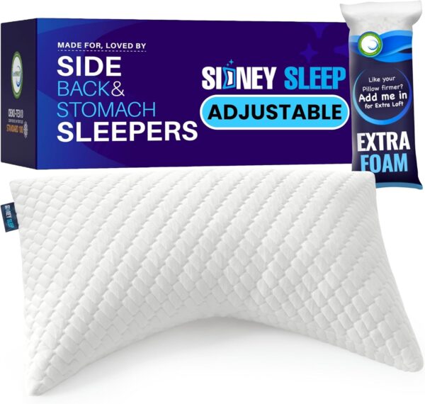 Sidney Sleep Almohada para dormir de lado o bocarriba, comodidad para cuello y hombros, ajustable y personalizable (más o menos espuma viscoelástica triturada), Queen, incluye espuma adicional.