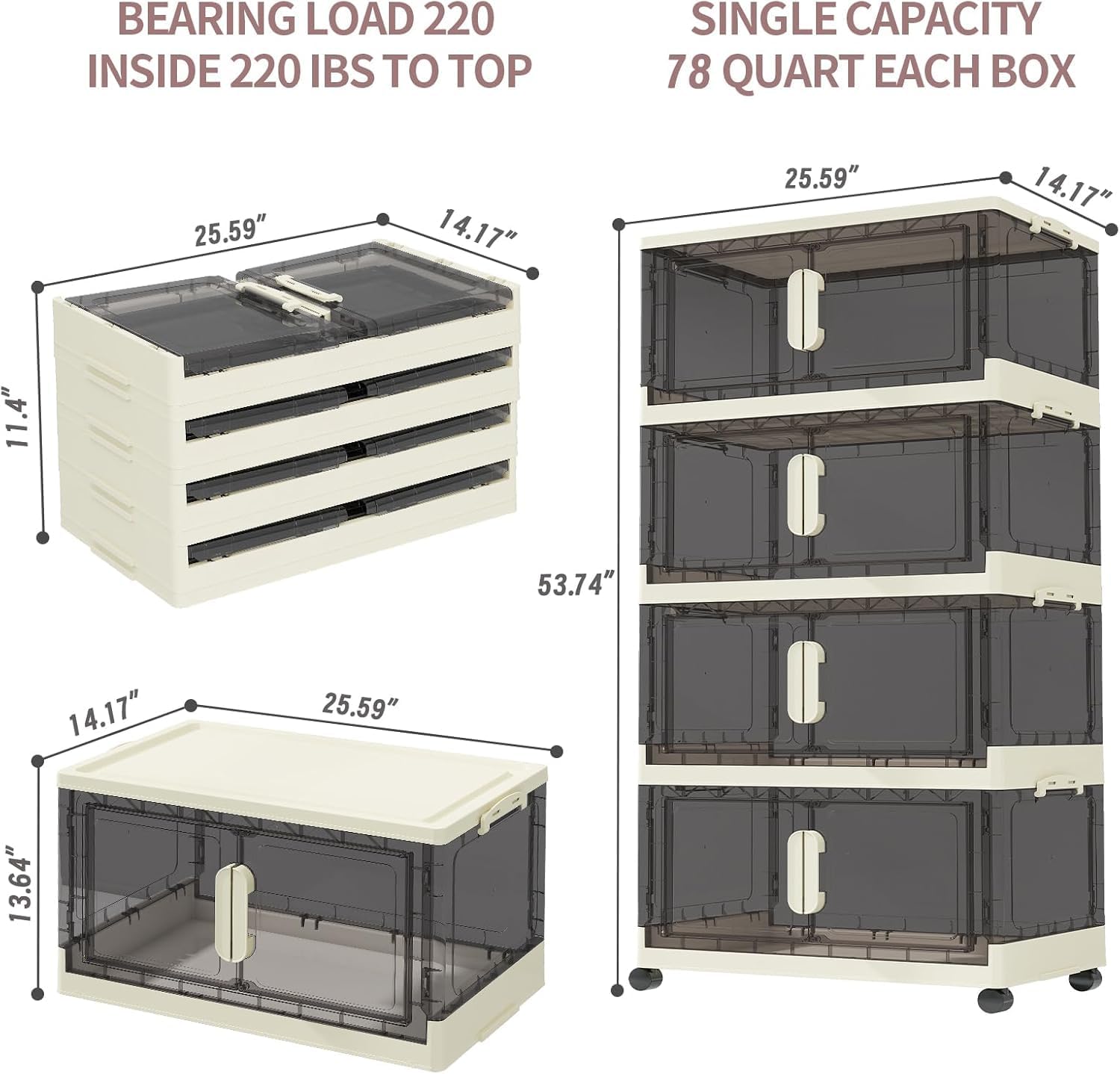 KHNR . Contenedores de almacenamiento de plástico de 78 cuartos con tapas, 4 paquetes plegables con ruedas y puerta, organizadores apilables de clóset para juguetes, ropa, hogar. - Image 2