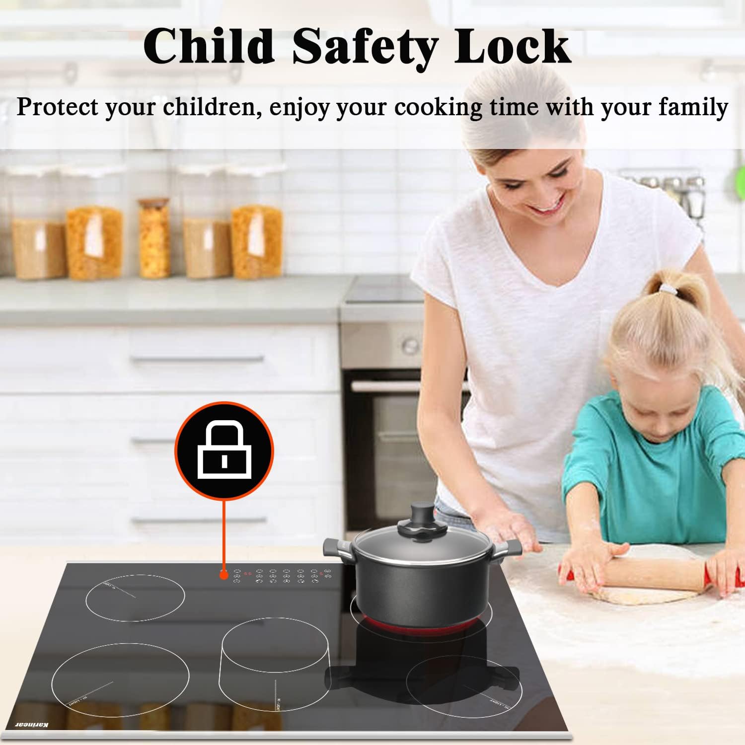 Karinear. Estufa eléctrica de 30 pulgadas, 5 quemadores, 8400 W, parte superior de estufa eléctrica integrada, placa de cerámica de 30 pulgadas con zona expandida, control táctil. - Image 3