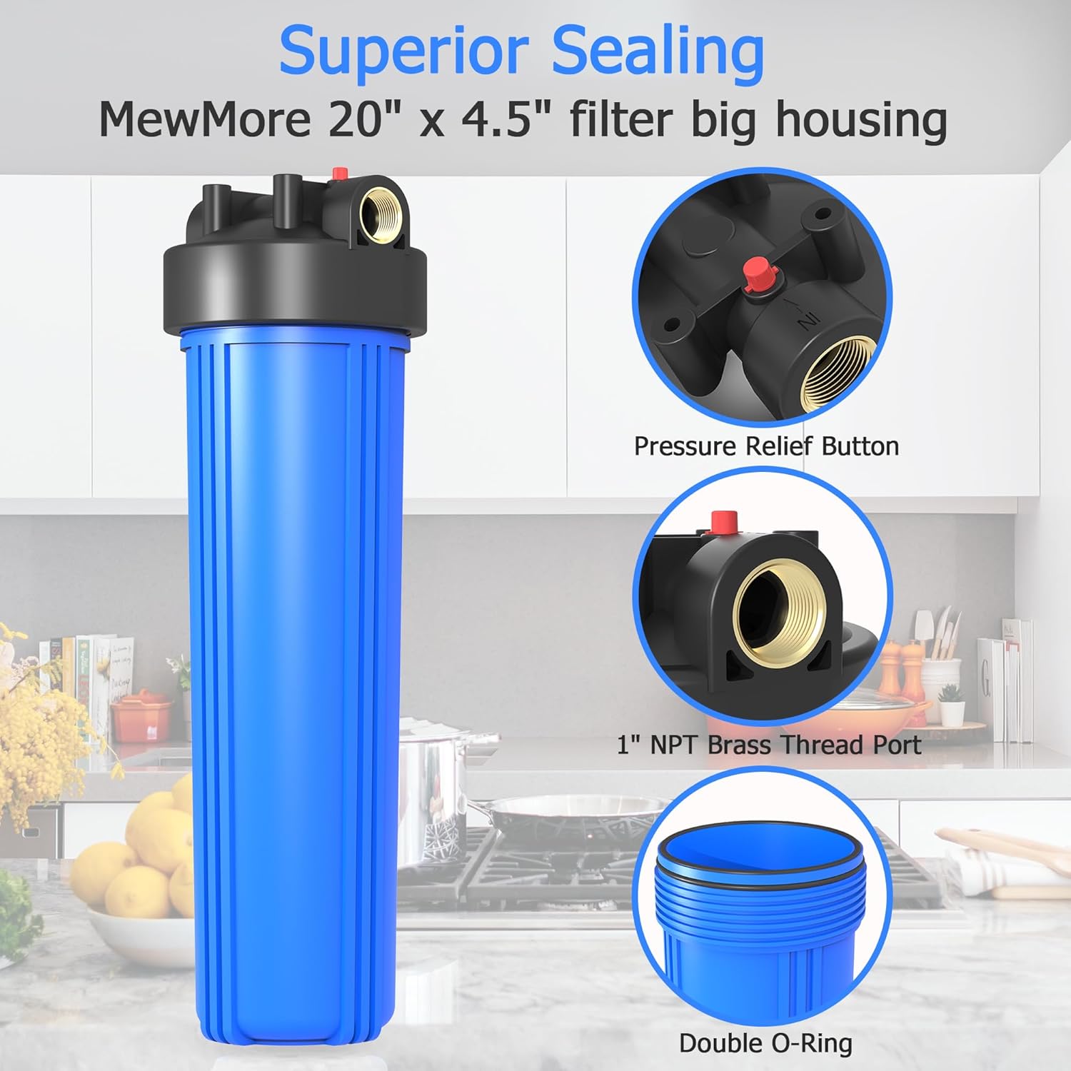 MewMore. WHB20 - Carcasa de filtro de agua para toda la casa de 20 x 4.5 pulgadas, filtros de sedimentos, etc. para agua de pozos y ciudades, sistema de prefiltración azul de filtro grande. - Image 2