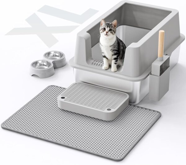 Caja de arena de acero inoxidable para gatos, caja de arena cerrada XL de metal con tapa para gatos grandes, lado alto, antifugas, fácil limpieza, antiadherente, incluye tapete de arena para gatos.