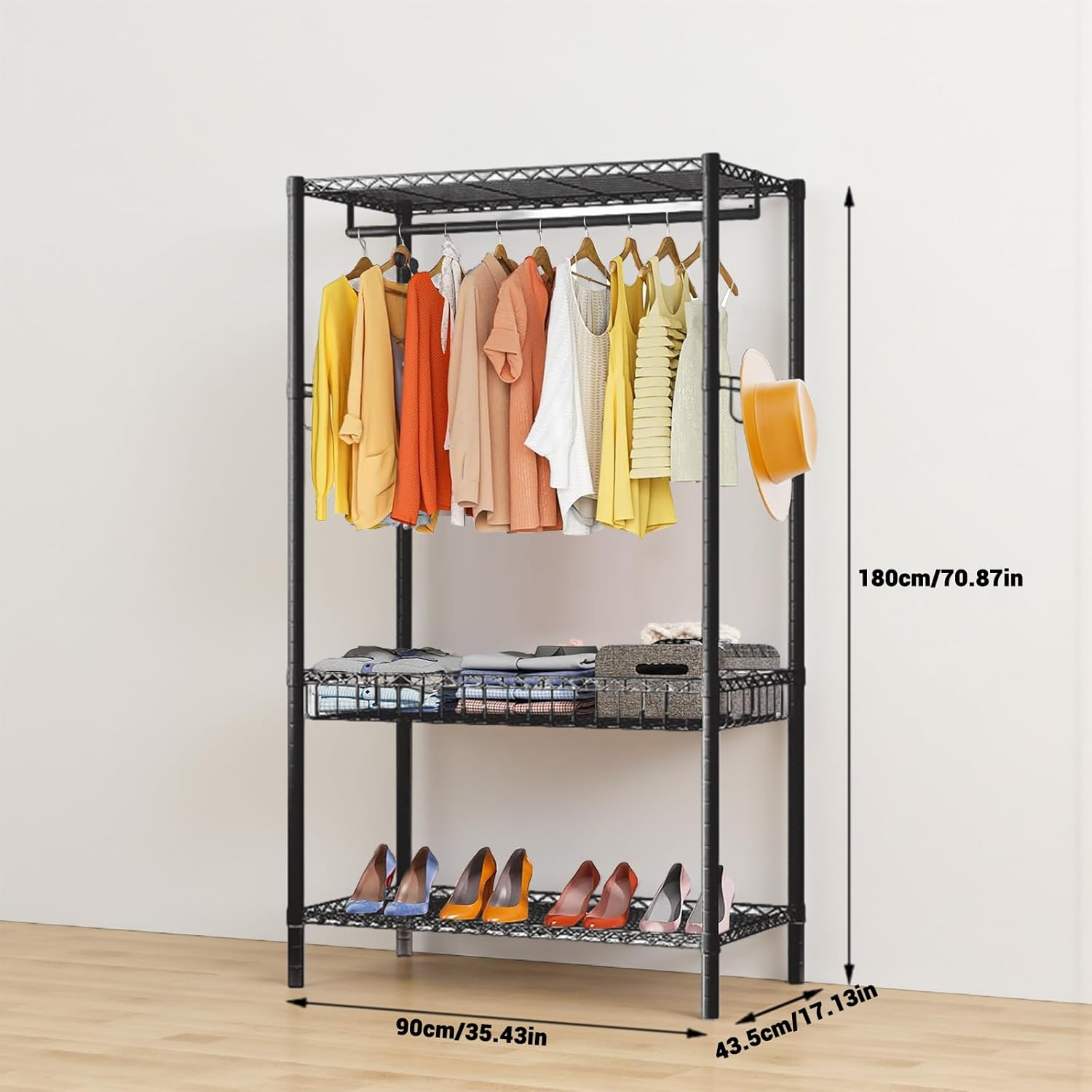 dainslef. Estante de ropa enrollable resistente de 3 niveles con varillas y ganchos laterales, estante de ropa de clóset con ruedas, chapado en cromo, 17.7 pulgadas de profundidad x 47.2 pulgadas. - Image 3