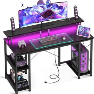 Lufeiya - Computadora de escritorio moderna de 55 pulgadas con estantes para monitor, soporte para juegos con luces LED, 3 cajones y 1 archivador, negro.