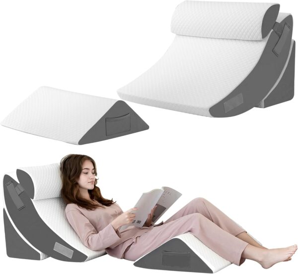 Juego de 4 almohadas de cuña Relong, ajustables para recuperación posoperatoria, de espuma ideal para dormir, para aliviar el reflujo ácido de la espalda y con sistema de elevación de piernas.