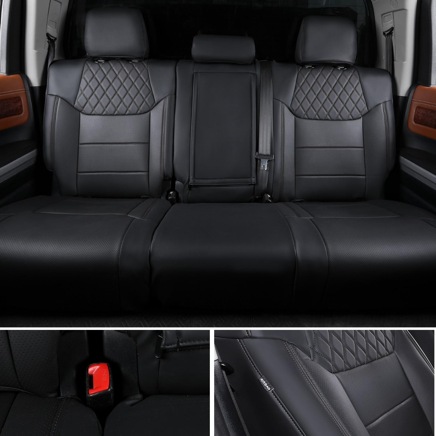 PTYYDS. Juego completo de fundas de asiento de coche de piel sintética para Toyota Tundra Crewmax 2022-2024 Toyota Tundra 2022 2023 2024 (se adapta a CrewMax &Double Cab, negro). - Image 3