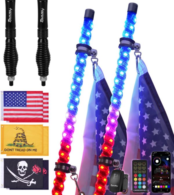 2 luces de látigo de 3 pies con base de resorte, luces LED con aplicación y control remoto, impermeable, persecución en espiral de 360°, látigos iluminados con interruptor basculante, látigo LED.