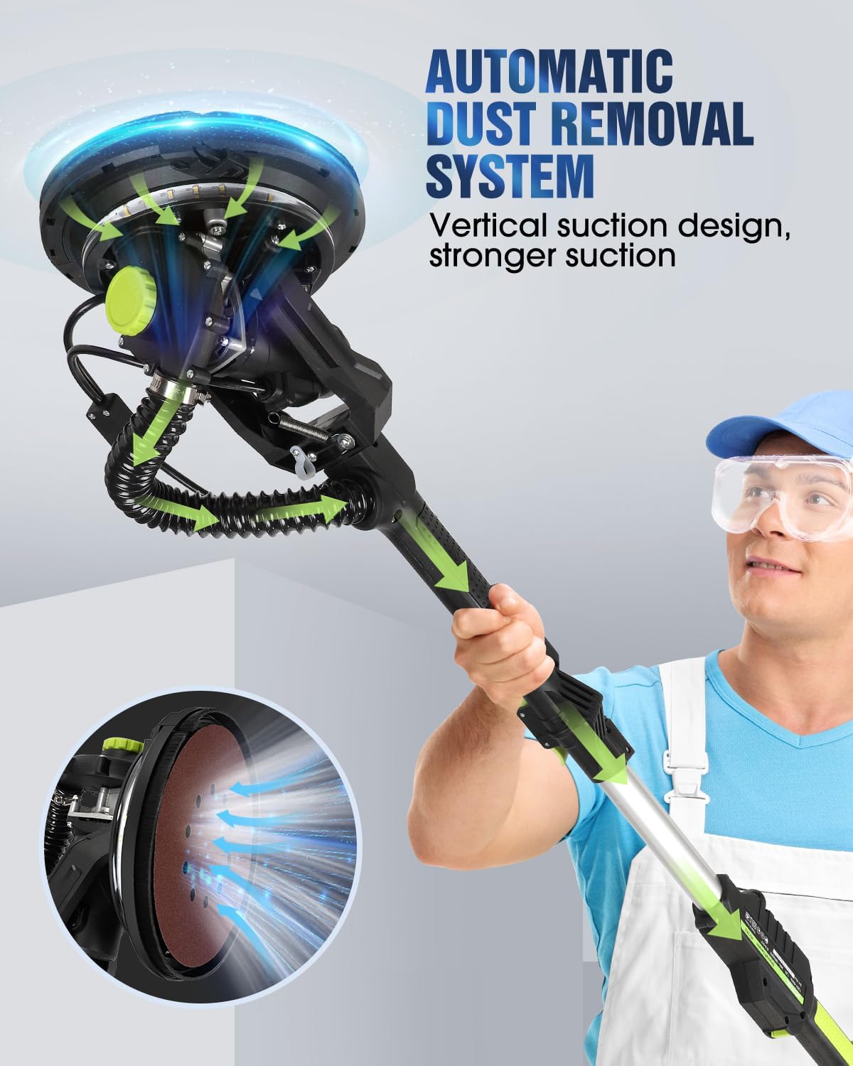 MYTOL. Lijadora eléctrica para paneles de yeso de 7,2 A con aspiración, luz LED, pantalla digital de 6 velocidades variables (900-1800 RPM), mango plegable y extensible, 9 discos de lijado y 3 lijas de rejilla. - Image 3