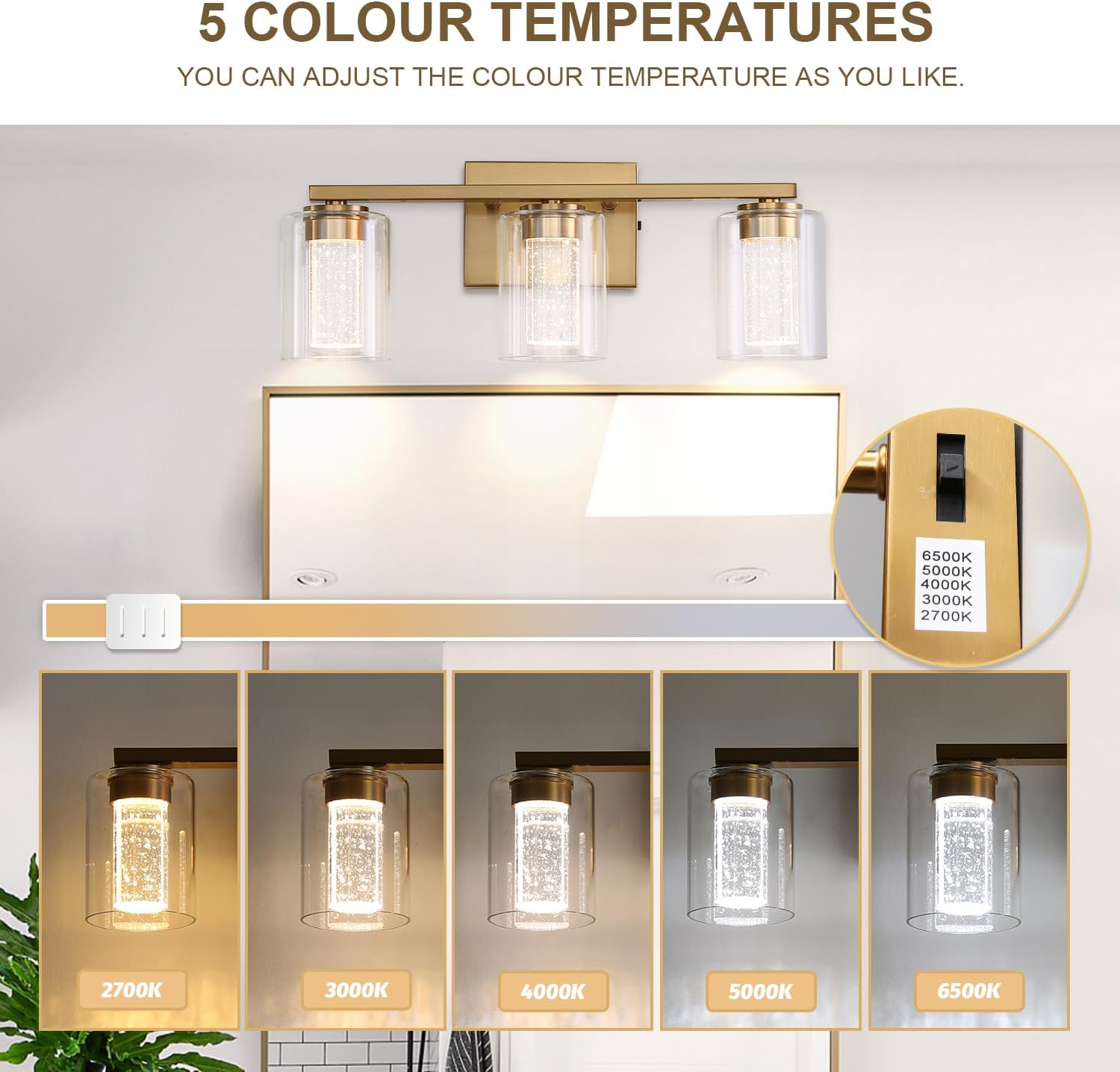 EMONG. Lámparas de baño doradas de 3 luces, luces LED regulables de 5CCT con burbuja de cristal y vidrio transparente, luces de baño de latón cepillado ajustables de 2700 K-6500 K. - Image 2