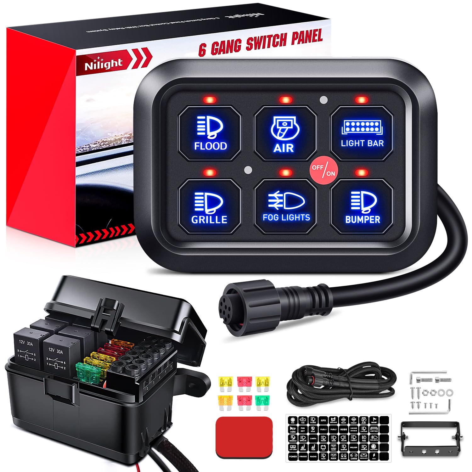 Nilight - Panel de interruptores de 6 bandas con sistema de relé de control de circuito universal con arnés de cableado de fusible, cápsula LED de encendido y apagado automático para coches.