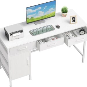 Korfile. computadora blanco de 47 pulgadas con clóset de almacenamiento y 3 cajones de tela, computadora de oficina en casa para escribir estudio, mesa de computadora con espacio de almacenamiento.