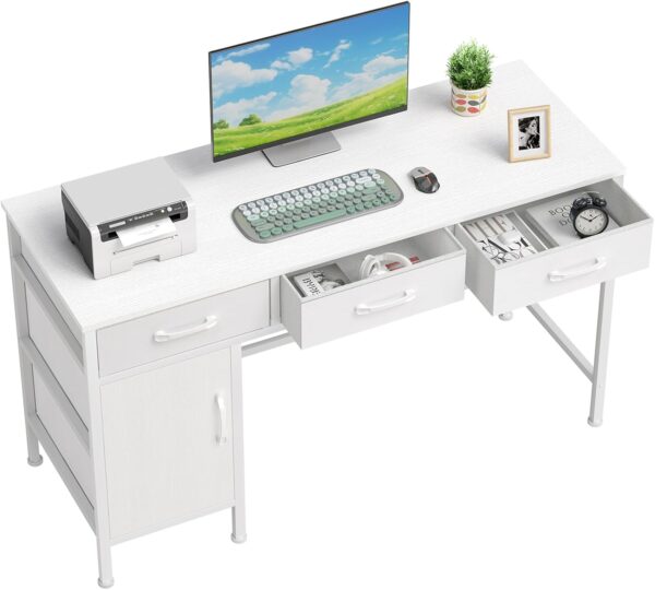 computadora blanco de 47 pulgadas con clóset de almacenamiento y 3 cajones de tela, computadora de oficina en casa para escribir estudio, mesa de computadora con espacio de almacenamiento.