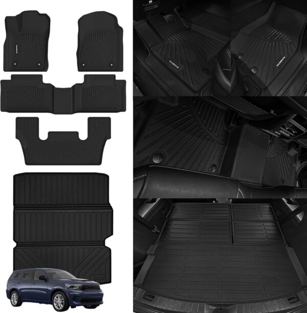 Tapetes de piso para Dodge Durango 2016-2024 para 6 pasajeros asiento de cubeta de segunda fila, para todo tipo de clima, para Dodge Durango y forro de carga, accesorios plegables, color negro.