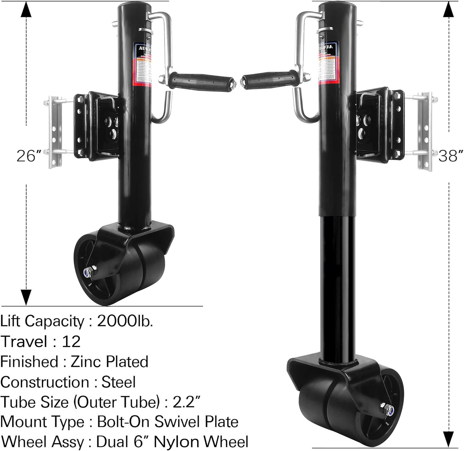 Aukayne - Jack para remolque de barco con rueda giratoria, 2000 libras, 12 pulgadas, elevación resistente (negro). - Image 6