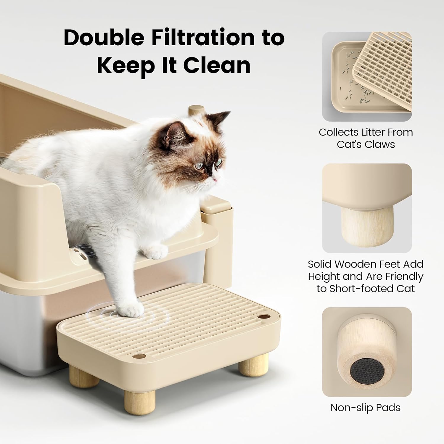 VNAKIO. Caja de arena de acero inoxidable para gatos, caja de arena cerrada XL de metal con tapa para gatos grandes, lado alto, antifugas, fácil limpieza, antiadherente, cuchara y pasillo incluidos. - Image 3