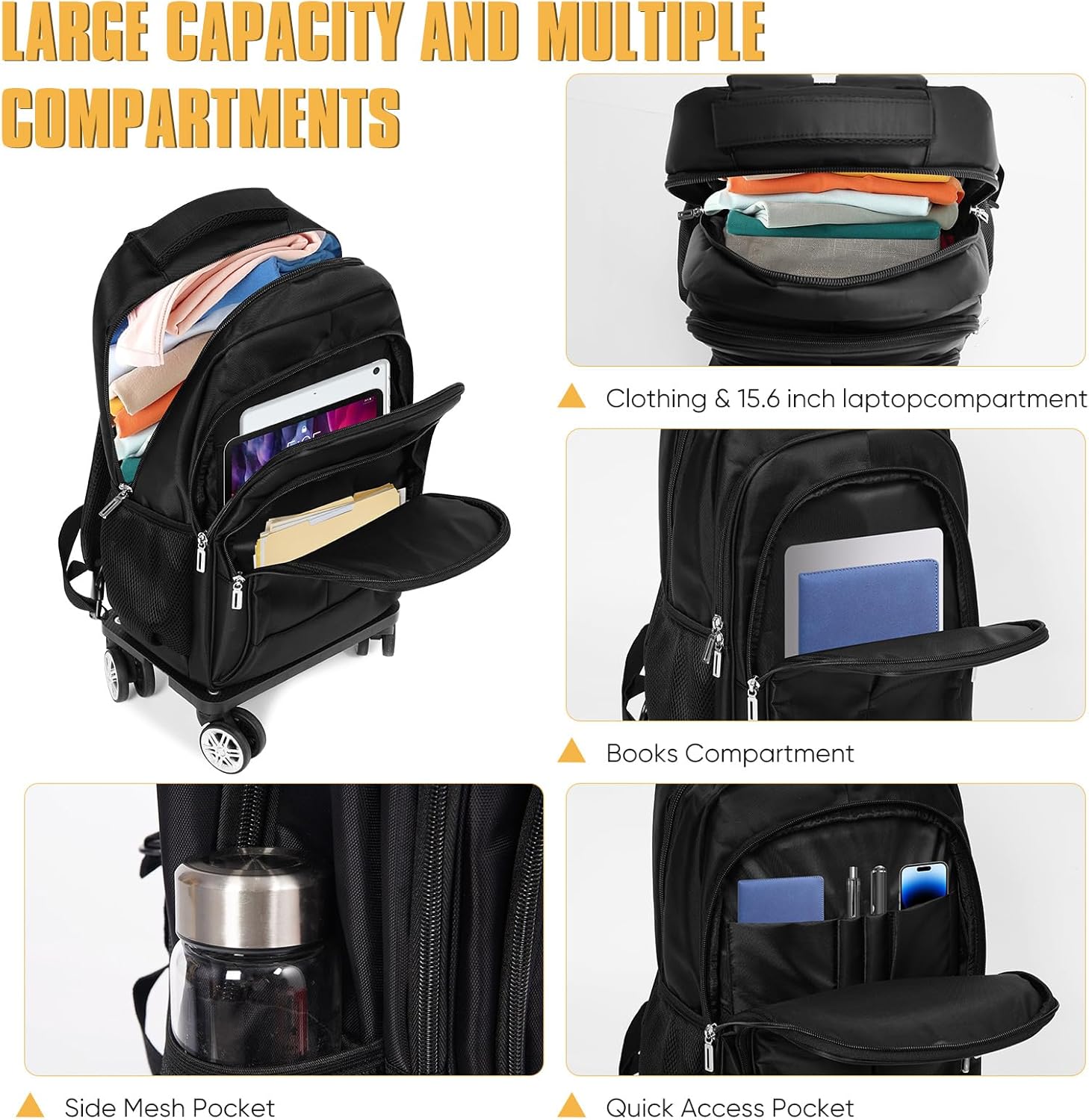 Diwolor. Mochila de viaje con asa desmontable de 35 l con ruedas aprobada por aerolíneas, ajuste giratorio de 360 °, mochila universitaria para portátil de 15.6 pulgadas con 4 ruedas. - Image 4