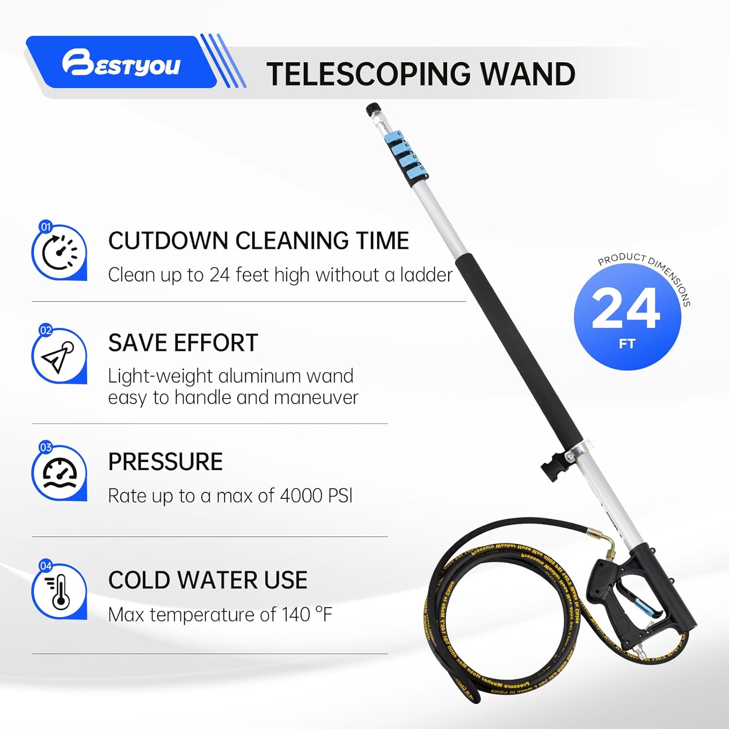 Varita telescópica para lavadora a presión de 24 pies con varita de extensión de lavadora a presión, herramienta limpiadora de canalones, 5 puntas de boquilla de pulverización, 2 adaptadores. - Image 4