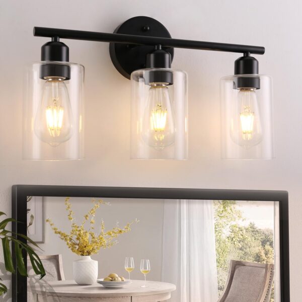 Lámparas de baño de 3 luces, luces negras para tocador de baño con pantalla de vidrio transparente, lámpara de pared moderna para espejo de pasillo, dormitorio, sala de estar, casa de campo.