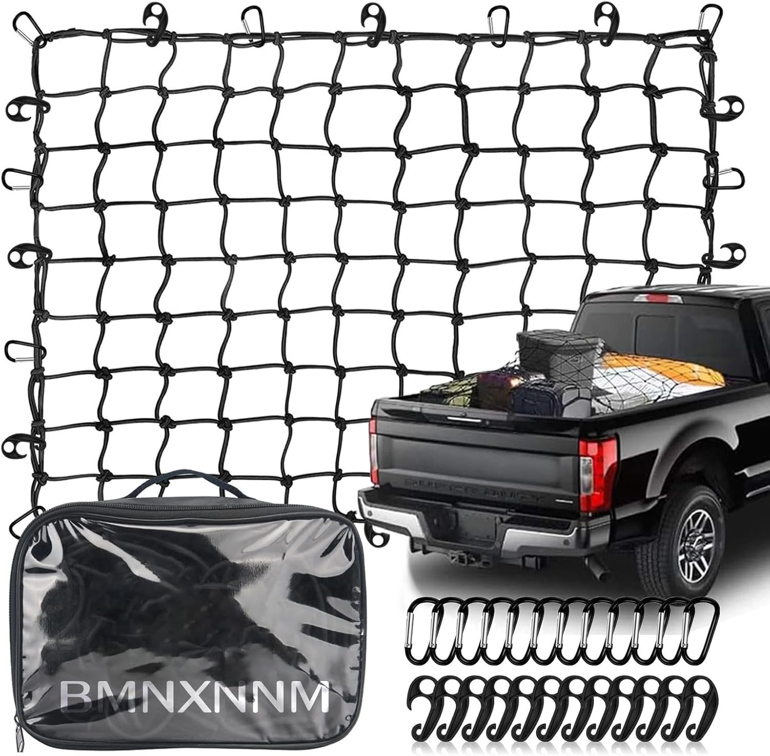 ADILIKADII. 25PCS Red de Carga para Cama de Camioneta, Red para Pick Up 4*6 Pie, Red de Carga para Pick Up, con 12 hebillas de metal y 12 hebillas de ABS, Red de Carga Altamente Elástica, para Dodge,Chevy,Toyota.