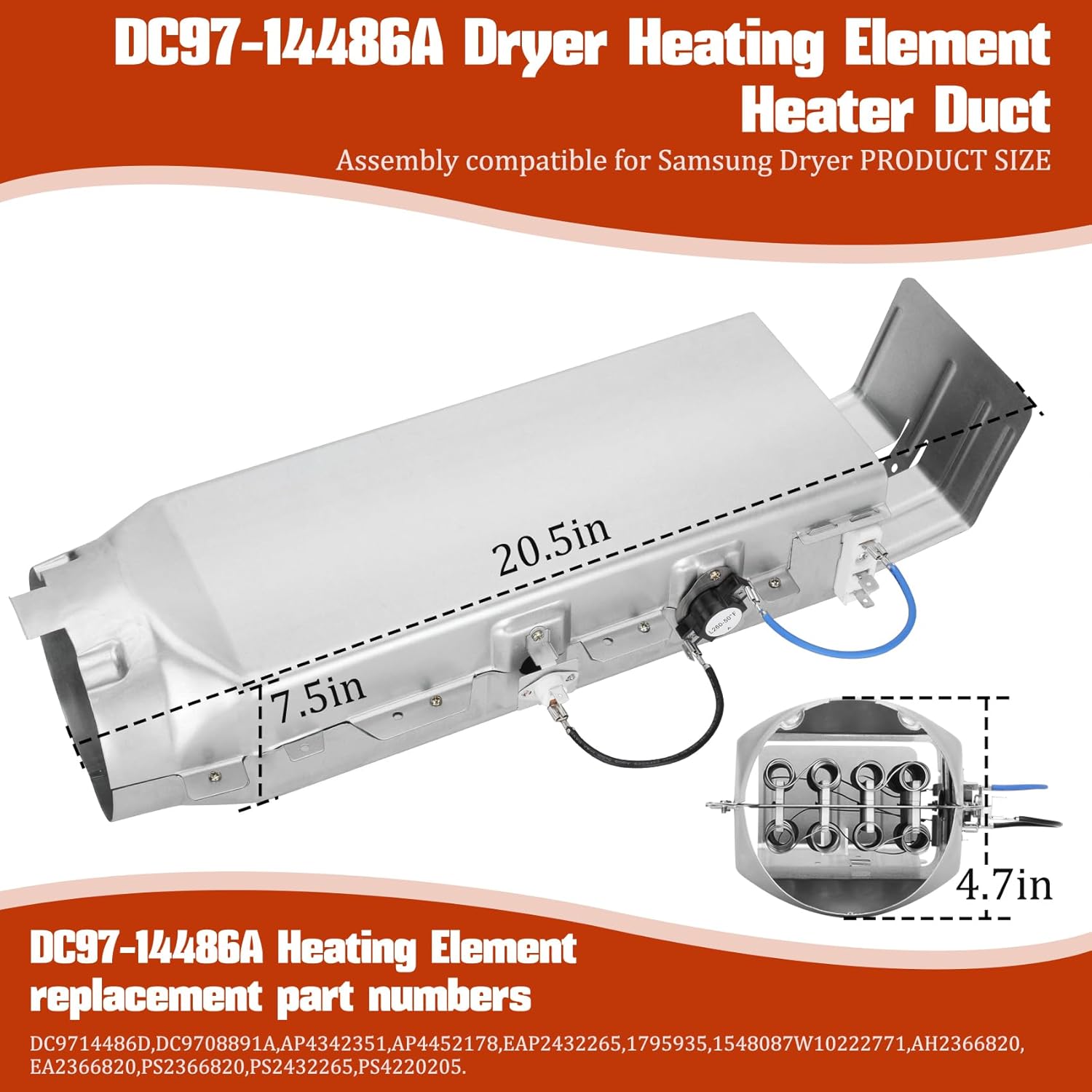 M Motico DC47-00019A - Elemento calefactor para secadora Samsung, compatible con DV45H7000EW/A2 DV40J3000EW/A2 DV42H5000EW/A3 DV42H5200EP/A3 DV210AEW/XAA DV42H5200EP/A3-366 5 DDAYYYYY (DC97-14486A). - Image 3