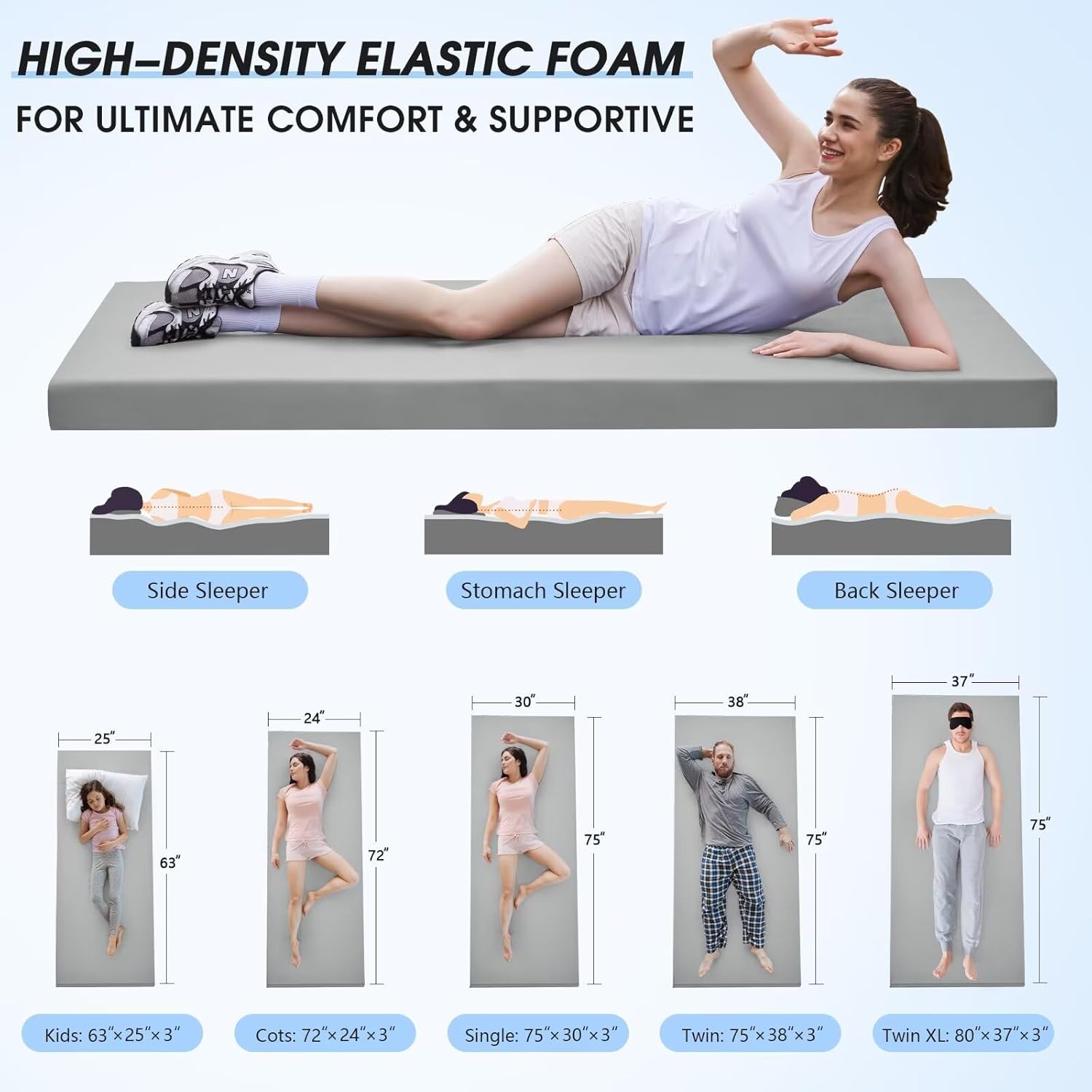 CYMULA. Almohadilla de colchón de espuma viscoelástica de 3 pulgadas para campamento, colchón inferior antideslizante con colchón enrollable portátil para viajes, camión, cama de invitados. - Image 2