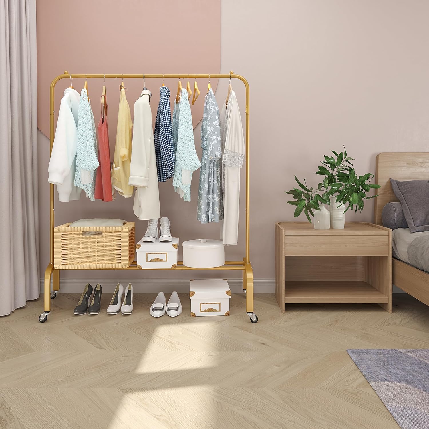 DAERNA. Perchero de ropa resistente con ruedas de 420 libras con ruedas, perchero de metal para colgar ropa, perchero portátil de pie, dorado, 48 pulgadas. - Image 3