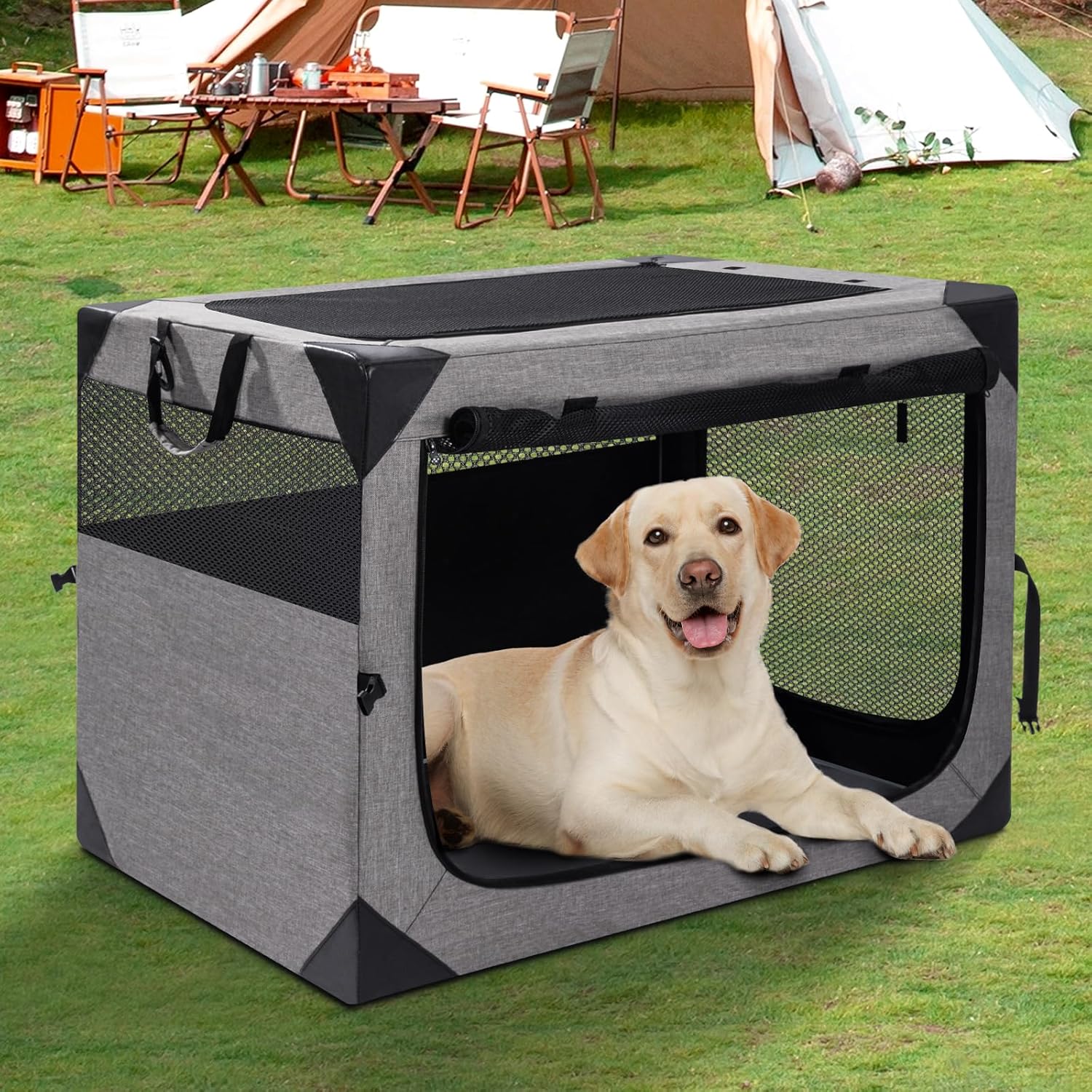 Outtsp. Jaula portátil de viaje para perros de 30 pulgadas, 3 puertas, plegable, suave, con ventanas de malla duraderas para perros medianos, jaula plegable con bolsillo de almacenamiento para exteriores.