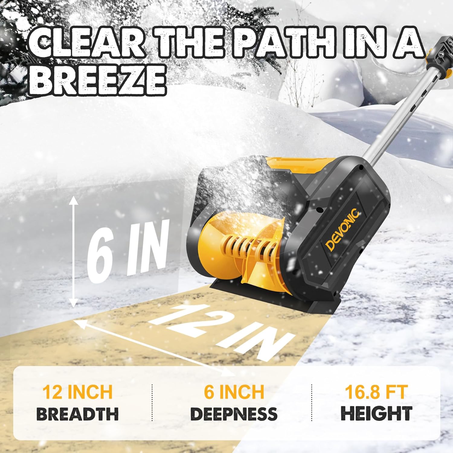 DEVONIC - Pala de nieve inalámbrica, 24 voltios, 13 pulgadas, 4-Ah, quitanieves con mango frontal ajustable y poste telescópico y 2 baterías. Ancho 6 pulgadas Profundidad, 12 pulgadas. - Image 3