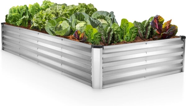 Camas de jardín galvanizadas elevadas al aire última intervensión // Maceta de 6 x 3 x 1 pies para jardinería, verduras, flores, caja grande de metal para jardín (plateada) // Diseño patentado.