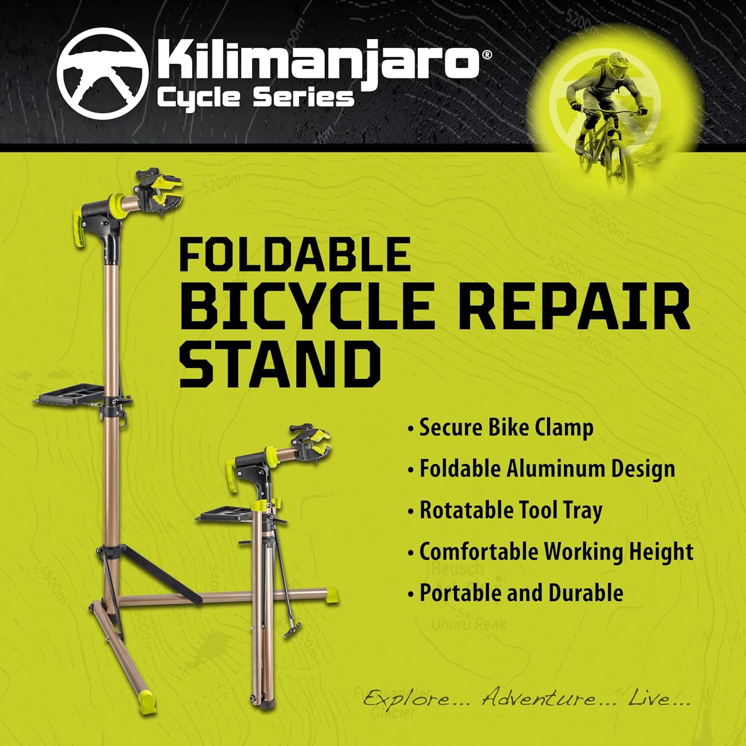 Kilimanjaro. Cycle Series Soporte de reparación de bicicletas, capacidad de 100 libras. Mantenimiento de bicicleta, sujeción ajustable. - Image 3