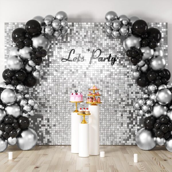 COKAOBE Telón de fondo de pared plateado brillante, 48 piezas de panel de fondo cuadrado con lentejuelas brillantes, fondos de fotos para cumpleaños, aniversario, boda, graduación y decoración.