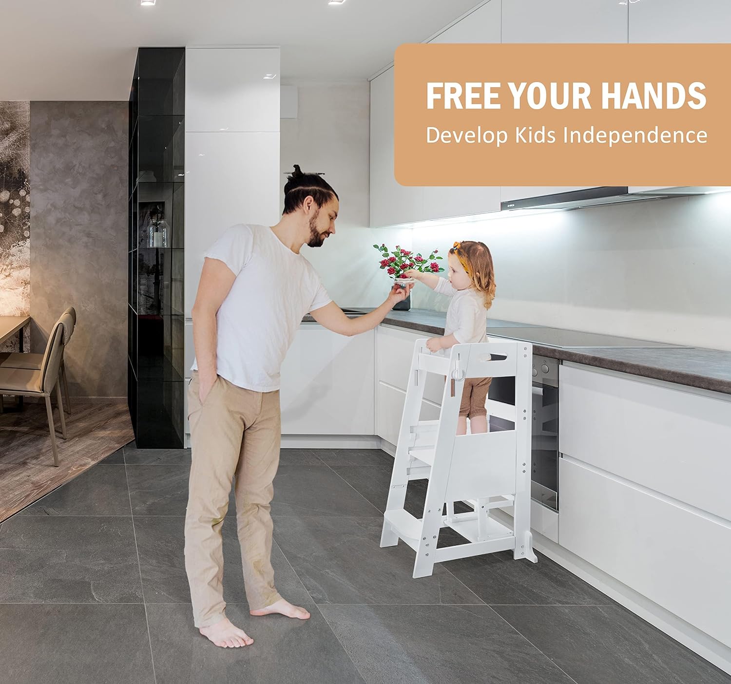 TOETOL. - Taburete de cocina de bambú para niños pequeños, color blanco, altura ajustable con protección antideslizante para el aprendizaje de mostrador de cocina de niños. - Image 2