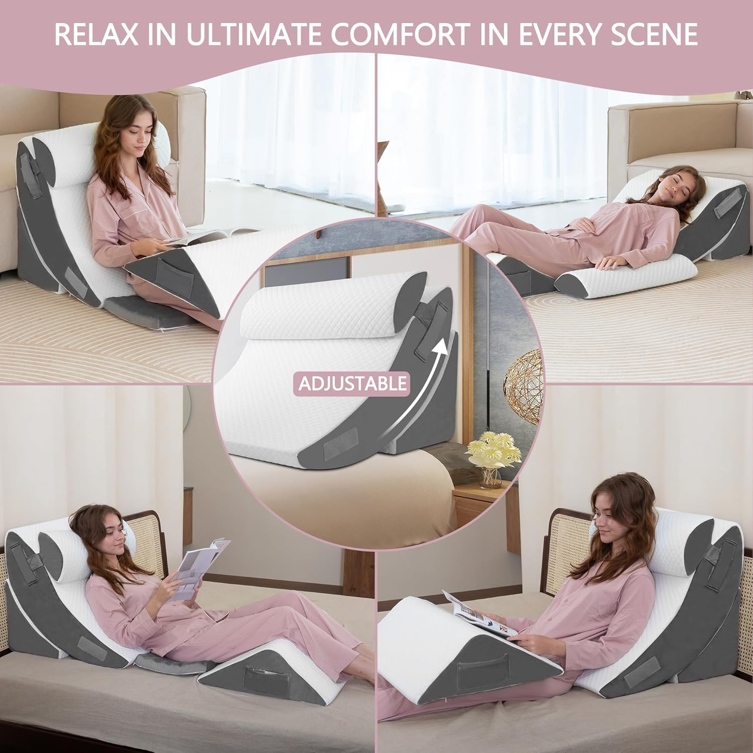 Relong. Juego de 4 almohadas de cuña Relong, ajustables para recuperación posoperatoria, de espuma ideal para dormir, para aliviar el reflujo ácido de la espalda y con sistema de elevación de piernas. - Image 3