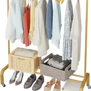 DAERNA. Perchero de ropa resistente con ruedas de 420 libras con ruedas, perchero de metal para colgar ropa, perchero portátil de pie, dorado, 48 pulgadas.