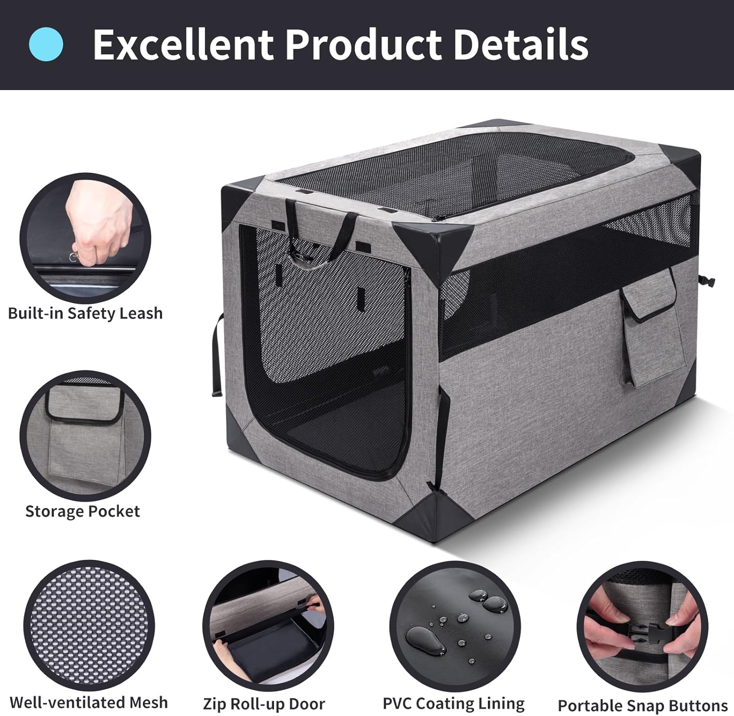 Outtsp. Jaula portátil de viaje para perros de 30 pulgadas, 3 puertas, plegable, suave, con ventanas de malla duraderas para perros medianos, jaula plegable con bolsillo de almacenamiento para exteriores. - Image 2