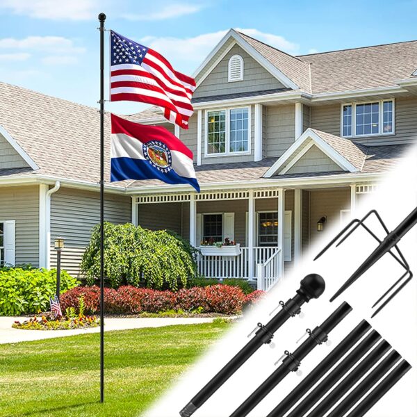 Acostop - Bastones de bandera resistentes de 10 pies en el piso con base de 5 puntas, kit de mástil de bandera extra grueso para patio, apto para 2 banderas, bastones de bandera a prueba de viento.