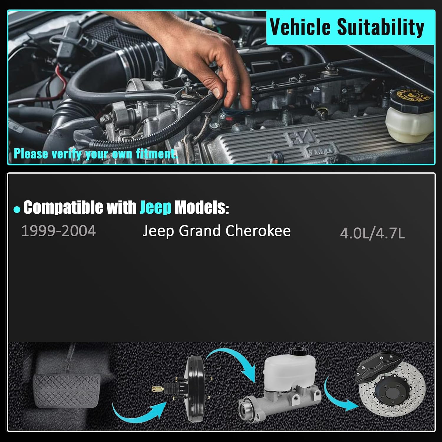 Potenciador de freno de aspiradora sin cilindro maestro compatible con Jeep Grand Cherokee 1999 2000 2001 2002 2003 2004, 4.0L 4.7L, reemplazo# 05011261AA. - Image 3