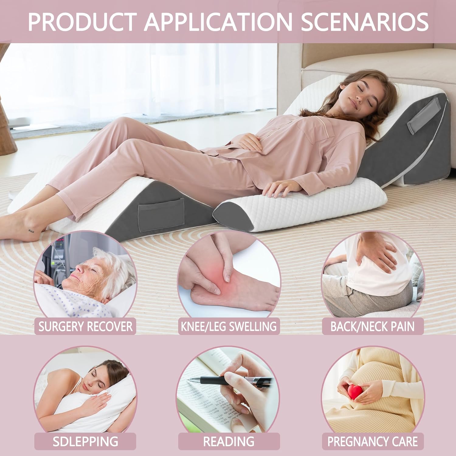 Relong. Juego de 4 almohadas de cuña Relong, ajustables para recuperación posoperatoria, de espuma ideal para dormir, para aliviar el reflujo ácido de la espalda y con sistema de elevación de piernas. - Image 2