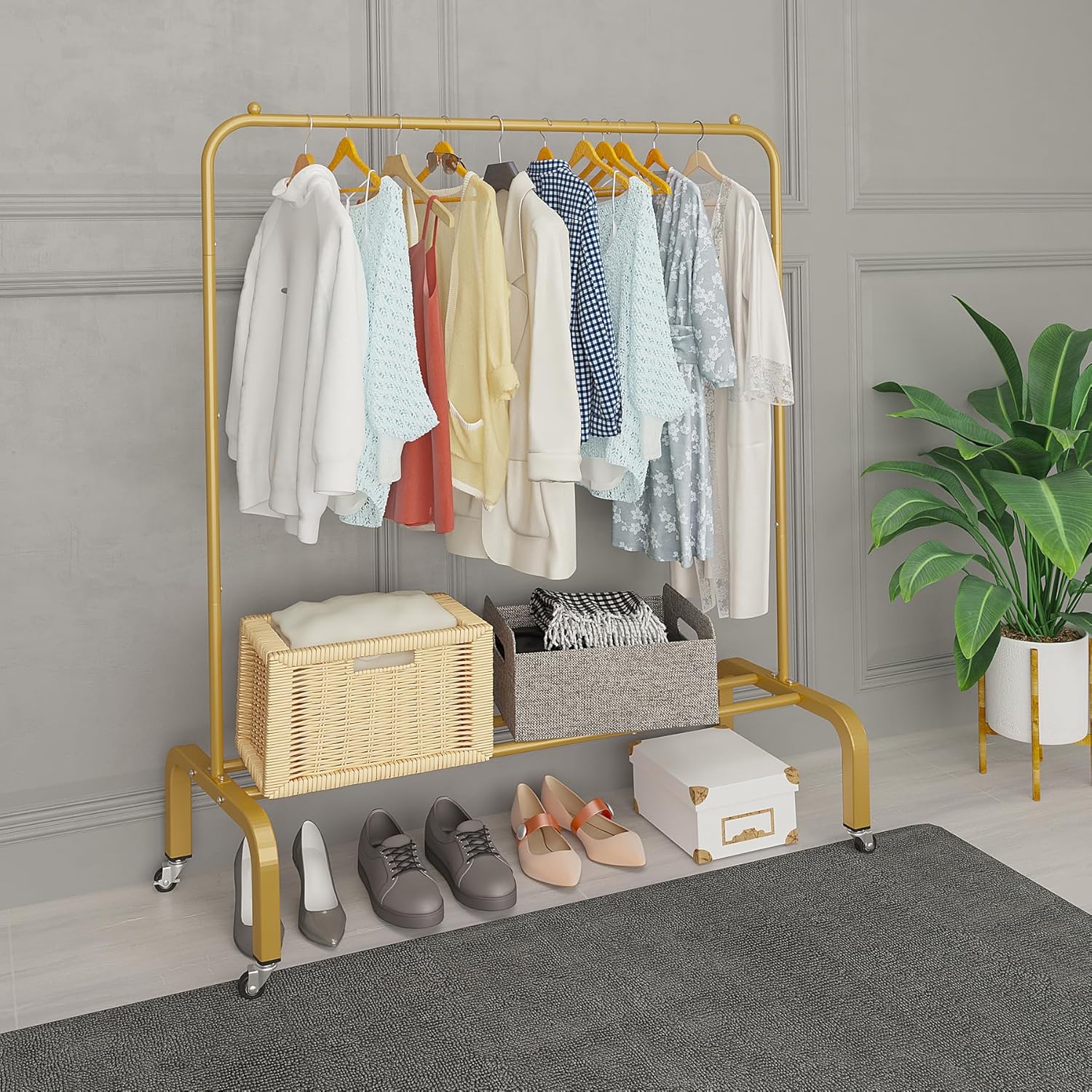 DAERNA. Perchero de ropa resistente con ruedas de 420 libras con ruedas, perchero de metal para colgar ropa, perchero portátil de pie, dorado, 48 pulgadas. - Image 4