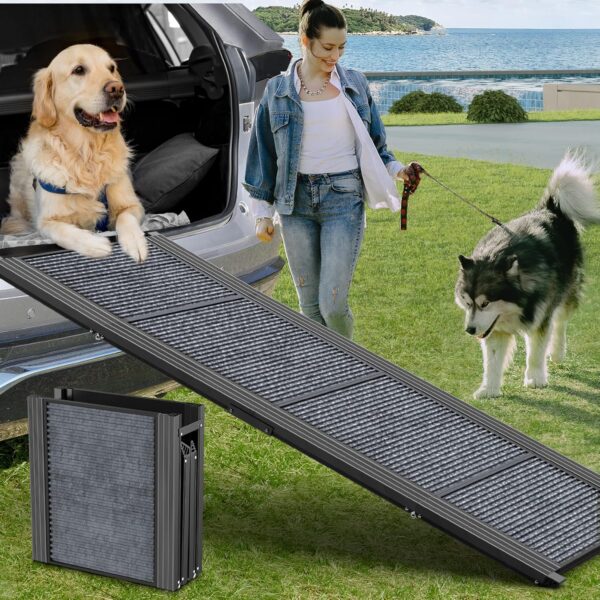 Rampa para perros para automóvil, 63 pulgadas de largo y 17 pulgadas de ancho, rampa portátil plegable para mascotas con superficie antideslizante para alfombra, escalones extra anchos.
