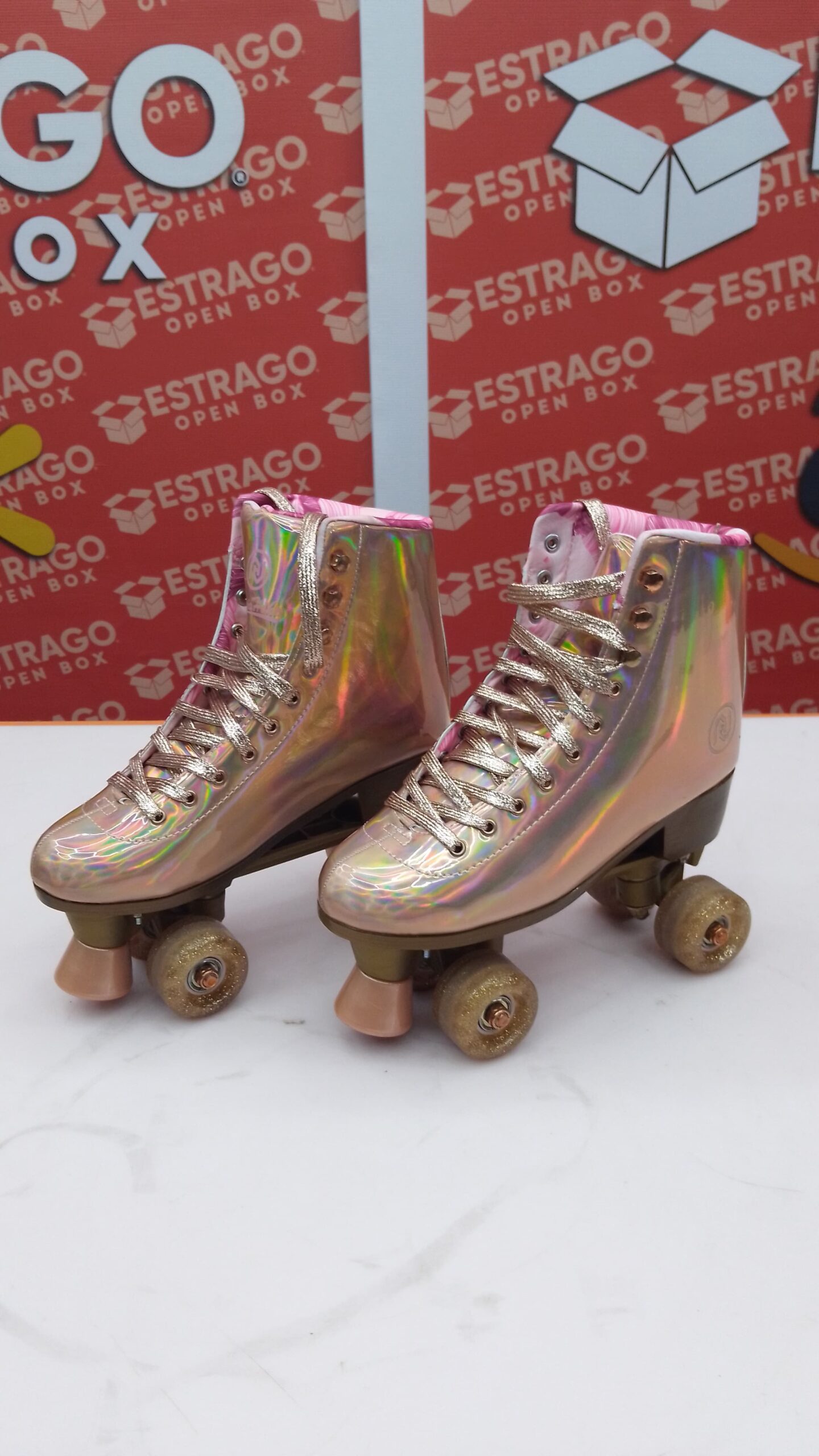 Patines JajaHoho para mujer, de piel sintética de caña alta holográfica, brillantes, de doble fila y cuatro ruedas, para niñas de 8 a 50 años, para interiores, color rosa y dorado. - Image 5