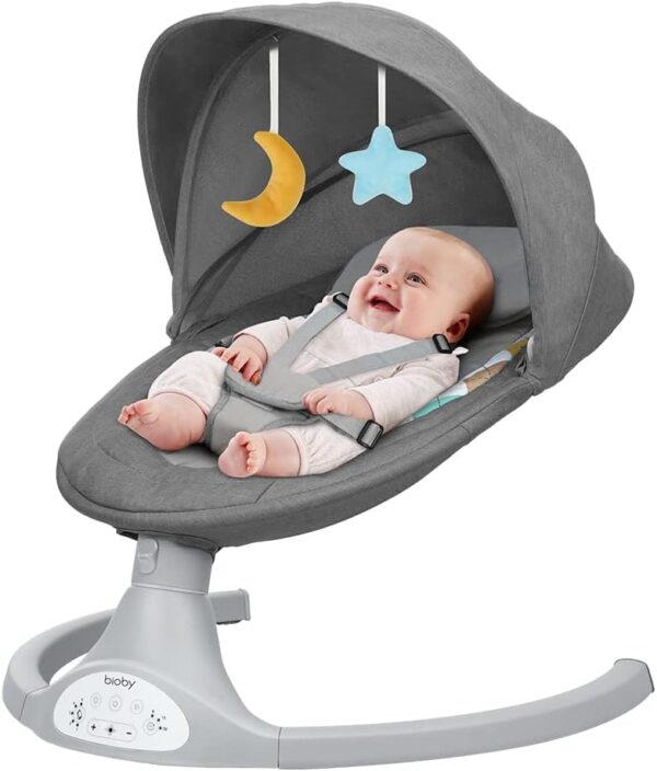 ASIN. Bioby Hamaca Bebe Electrica, Mecedora Bebe con Arnés de 5 Puntos, 5 Amplitudes de Balanceo, con Bluetooth, Mando a Distancia, Columpio Bebe Balancin Ligero para Bebés de 2 a 9 kg, 0-10 Meses .