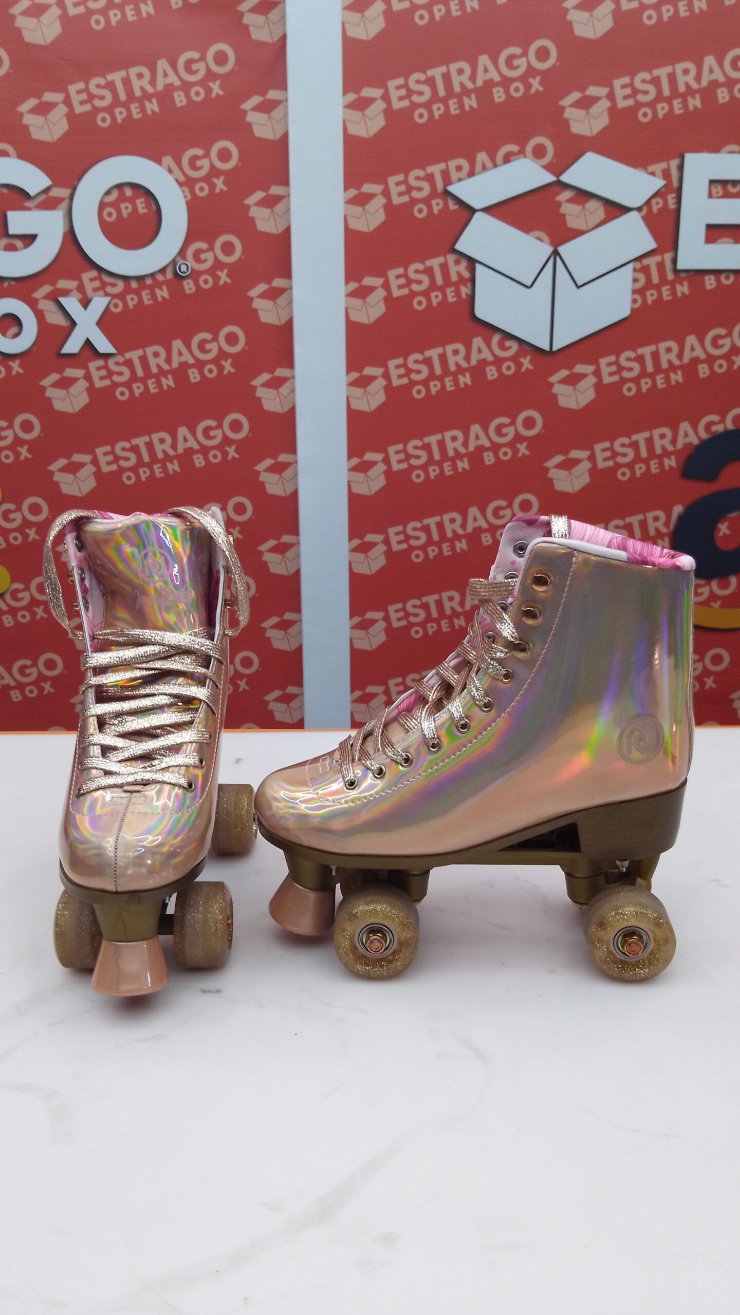 Patines JajaHoho para mujer, de piel sintética de caña alta holográfica, brillantes, de doble fila y cuatro ruedas, para niñas de 8 a 50 años, para interiores, color rosa y dorado. - Image 4