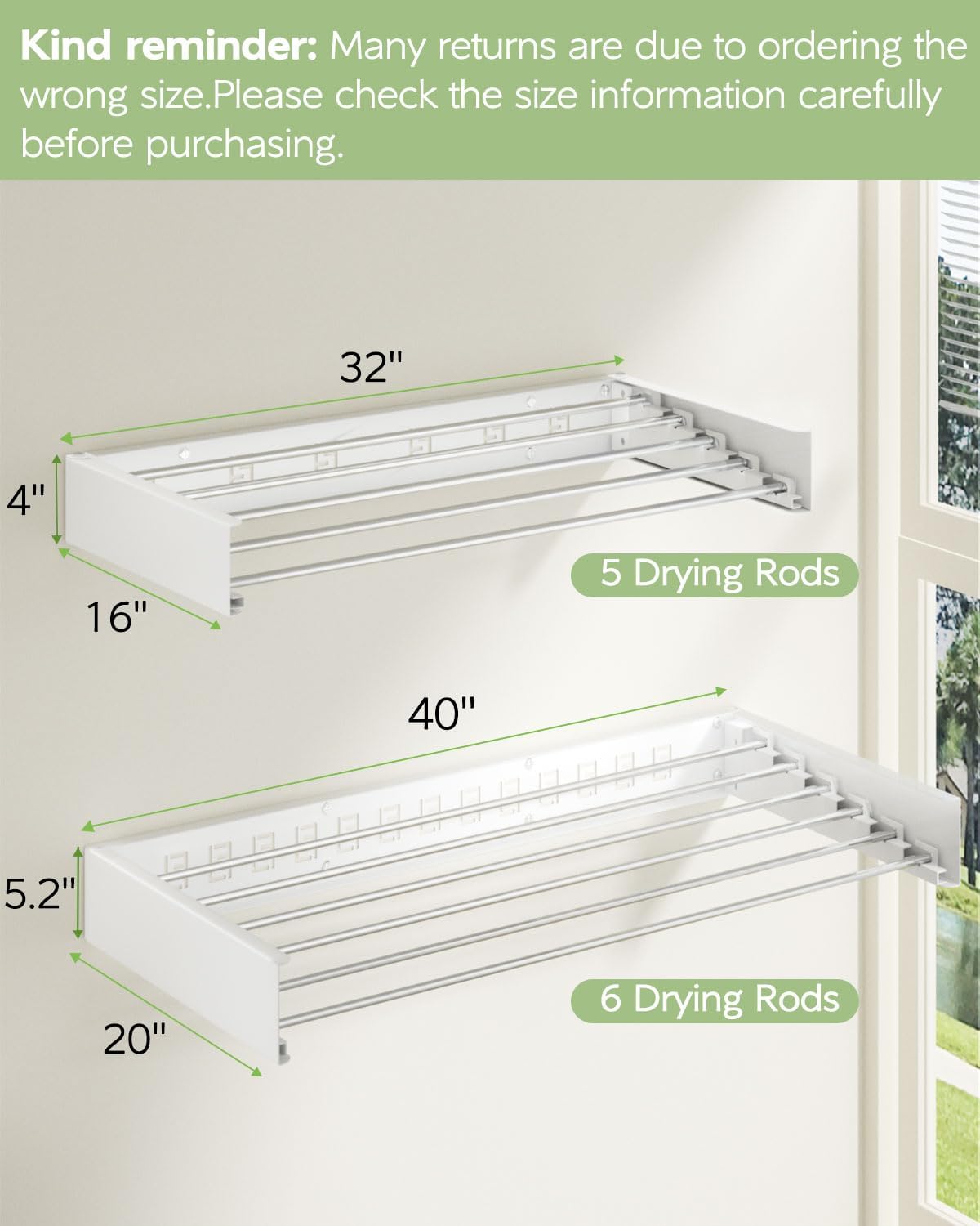 Vikaqi. Tendedero plegable para colgar en la pared, para secar ropa plegable, para interior, secado de ropa plegable, secado de toallas con plantilla de pared, 5 varillas, 31.5 pulgadas, color blanco. - Image 2