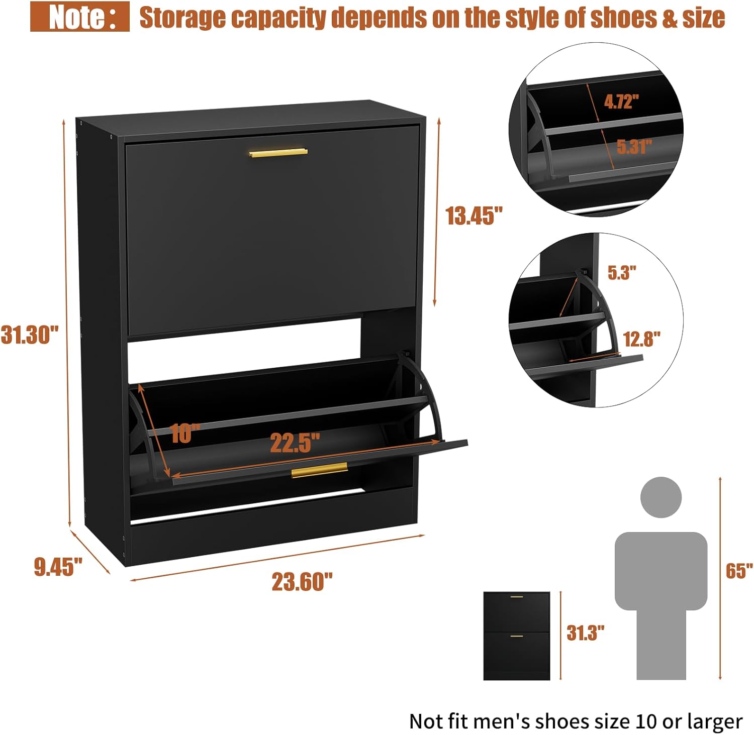 JOZZBY - clóset de almacenamiento para entrada, gabinete organizador de zapatos delgado negro oculto con 2 cajones abatibles, zapatero estrecho de madera con 2 niveles no empotrado para pasillo. - Image 2