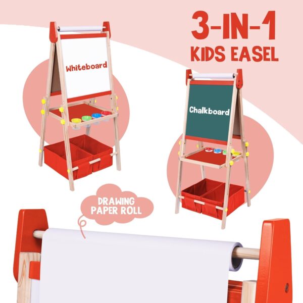 Joyooss. - Caballete de arte para niños, caballete de madera ajustable para pintura, pizarrón blanca magnética de doble cara y pizarrón con rollo de papel para niños de 4 a 8 años, 5 a 7 8 a 12 años. - Image 2