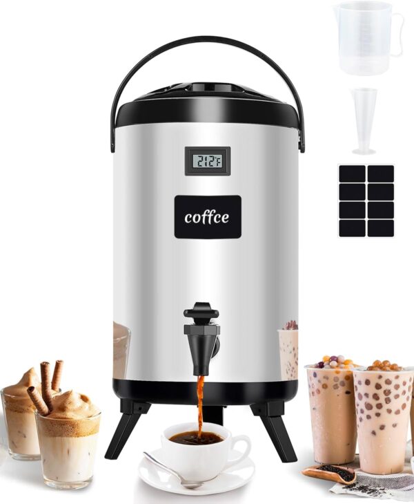 Dispensador de bebidas aislado de acero inoxidable 304 con termómetro para agua caliente y fría, leche, café, jugo de té, para fiestas, uso comercial, hogar, color plateado.